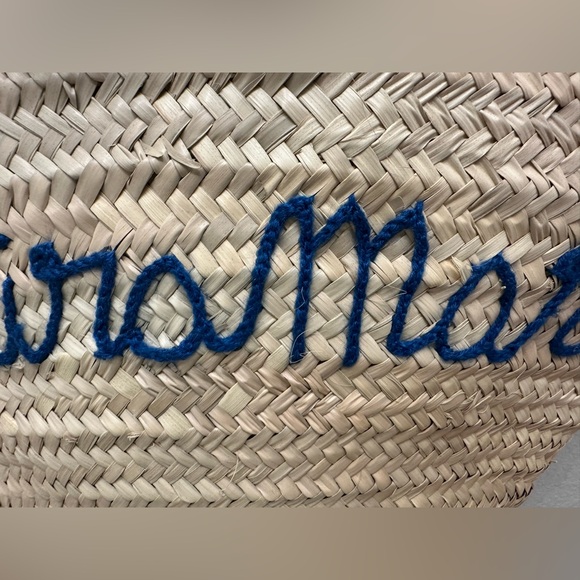 Trendy Straw Woven Beach Bag Vacation Tote with Pom Poms and Miramare Lettering - Picture 7 of 8